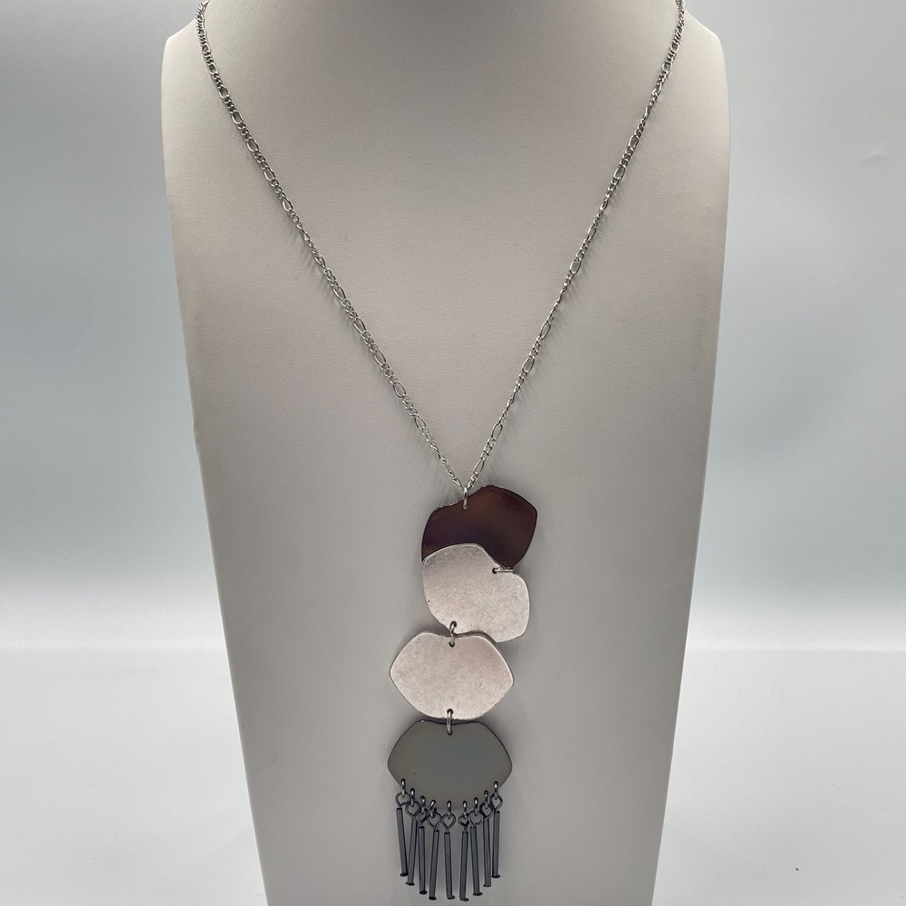 Vintage Retro Mixed Metal Tassel Pendant Necklace Silver Tone Gunmetal Brutalist